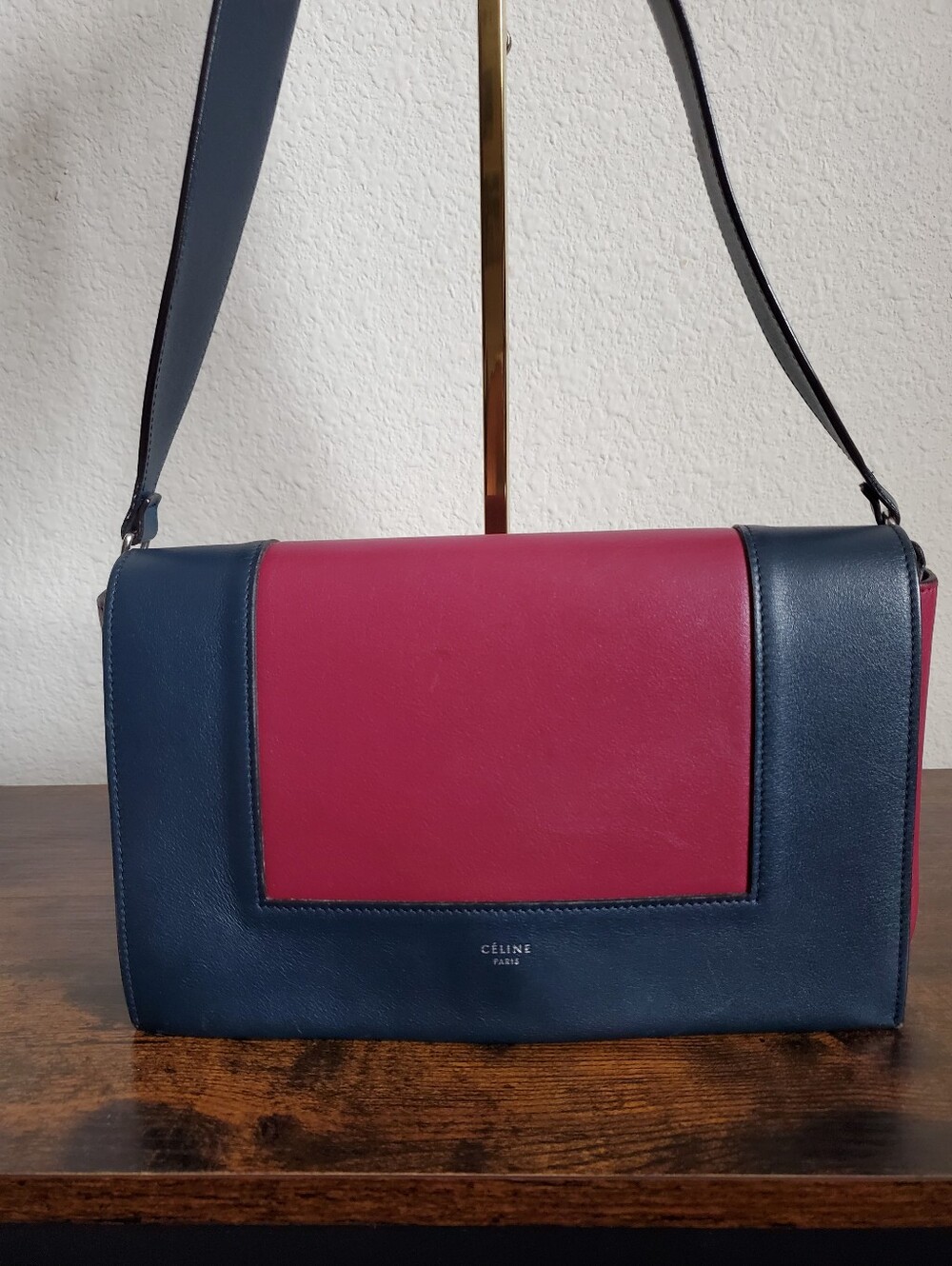 Celine Leather Frame Medium Two-Tone Leather Shoulder Bag in Navy & Burgundy